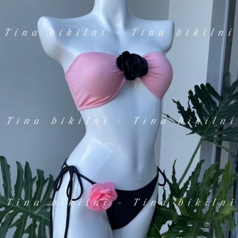 Bikini Hai Mảnh Hot Trend Blackpink – Áo Quây Quần Cột Dây Đính Hoa Trà
