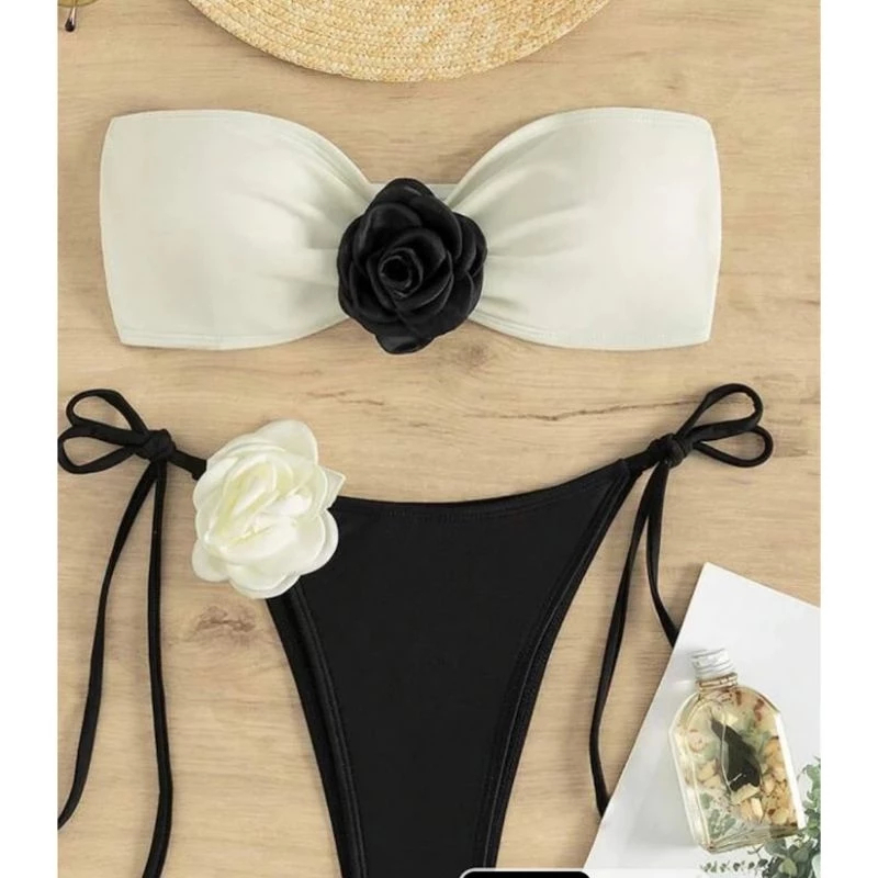Bikini Hai Mảnh Hot Trend Blackpink – Áo Quây Quần Cột Dây Đính Hoa Trà