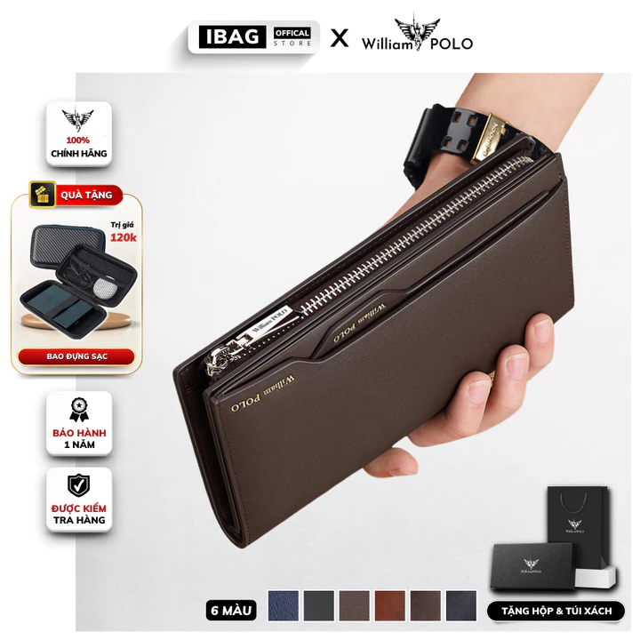 Ví nam dài cầm tay da bò chính hãng William POLO cao cấp ví đứng nam cầm tay full hộp đựng bóp nam da bò cao cấp- 𝑰𝑩