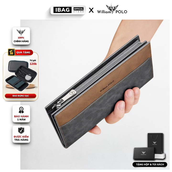 Ví dài cầm tay nam da bò chính hãng William POLO cao cấp ví đứng cầm tay full hộp đựng bóp nam da bò cao cấp - 𝑰𝑩𝑨𝑮