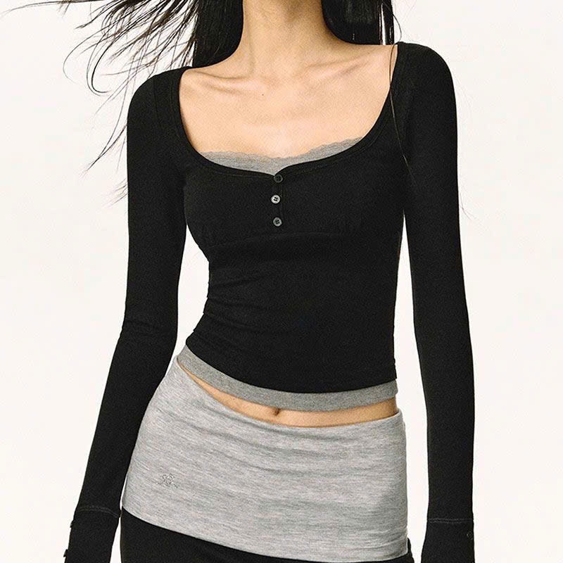 (sẵn) Áo thun cotton cổ vuông dài tay màu đen phối layer xám kết hợp phần khuy ngực mùa thu đông ACV001 - Tiktik