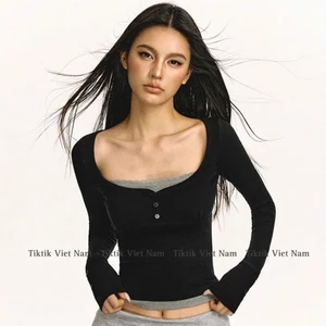 Áo thun cotton cổ vuông dài tay màu đen phối layer xám kết hợp phần khuy ngực mùa thu đông ACV001 - Tiktik