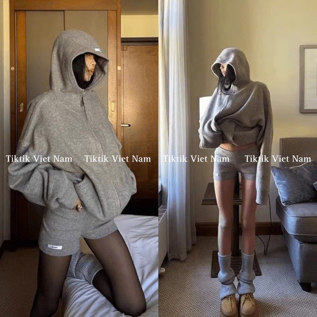 (sẵn)Set bộ áo HOODIE ZIP kết hợp quần short ngắn chất len dày dặn màu ghi xám phong cách năng động SB001 - Tiktik