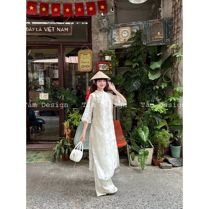 Áo dài Mẫn Sương vải tơ cổ tàu nẹp lệch khuy tàu, kèm quần