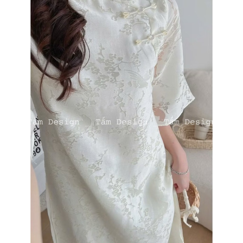 Áo dài Mẫn Sương vải tơ cổ tàu nẹp lệch khuy tàu, kèm quần