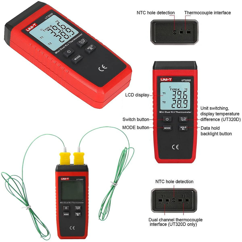 Termometro Digitale UT320D Mini Contact Type Termometro Dual-channel K / J Termocoppia Meter Con Retroilluminazione LCD Uni T Ut320 Thermometer