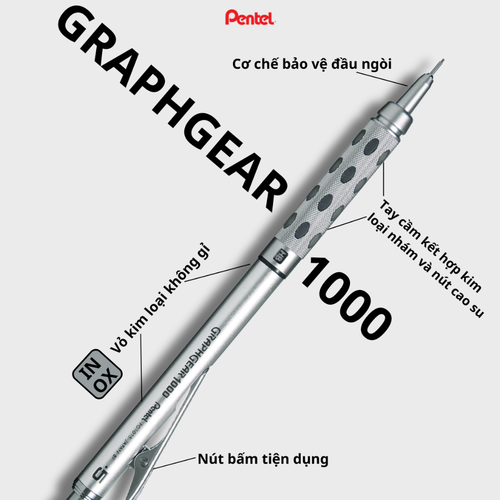 Ảnh Bút Chì Cơ Khí Pentel Graphgrear 1000 – Thân Kim Loại Inox, Nét Chuẩn Xác – Bút Chì Bấm Ngòi 0.5mm 3