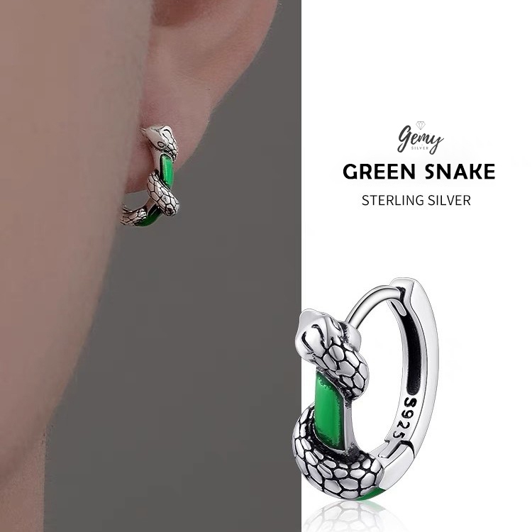 Khuyên tai tròn nam bạc 925 thiết kế hình rắn đá xanh Green Snake độc đáo (1 chiếc) KN136 | GEMY SILVER