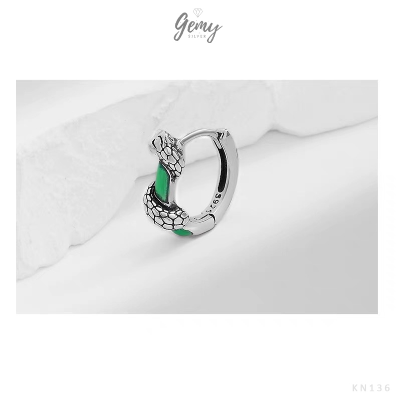 Khuyên tai tròn nam bạc 925 thiết kế hình rắn đá xanh Green Snake độc đáo (1 chiếc) KN136 | GEMY SILVER