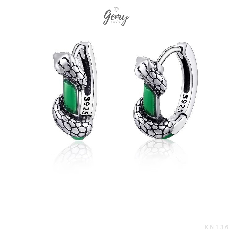Khuyên tai tròn nam bạc 925 thiết kế hình rắn đá xanh Green Snake độc đáo (1 chiếc) KN136 | GEMY SILVER