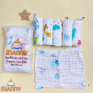 Set 5 khăn sữa xô 6 lớp Manny 30x30cm, khăn rửa mặt chất liệu cotton cho bé