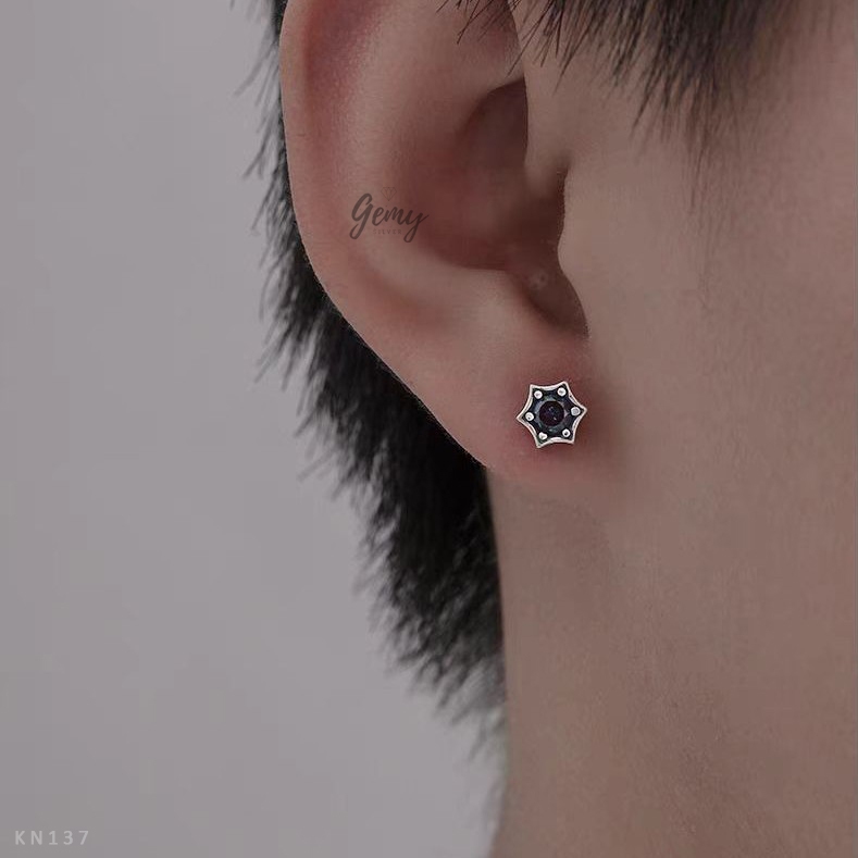 Khuyên tai thanh thẳng nam bạc nguyên chất thiết kế hình sao lục giác cực chất (1 chiếc) KN137 | GEMY SILVER