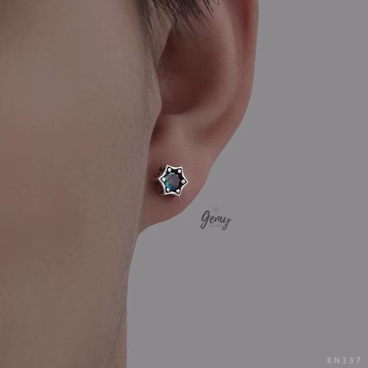 Khuyên tai thanh thẳng nam bạc nguyên chất thiết kế hình sao lục giác cực chất (1 chiếc) KN137 | GEMY SILVER