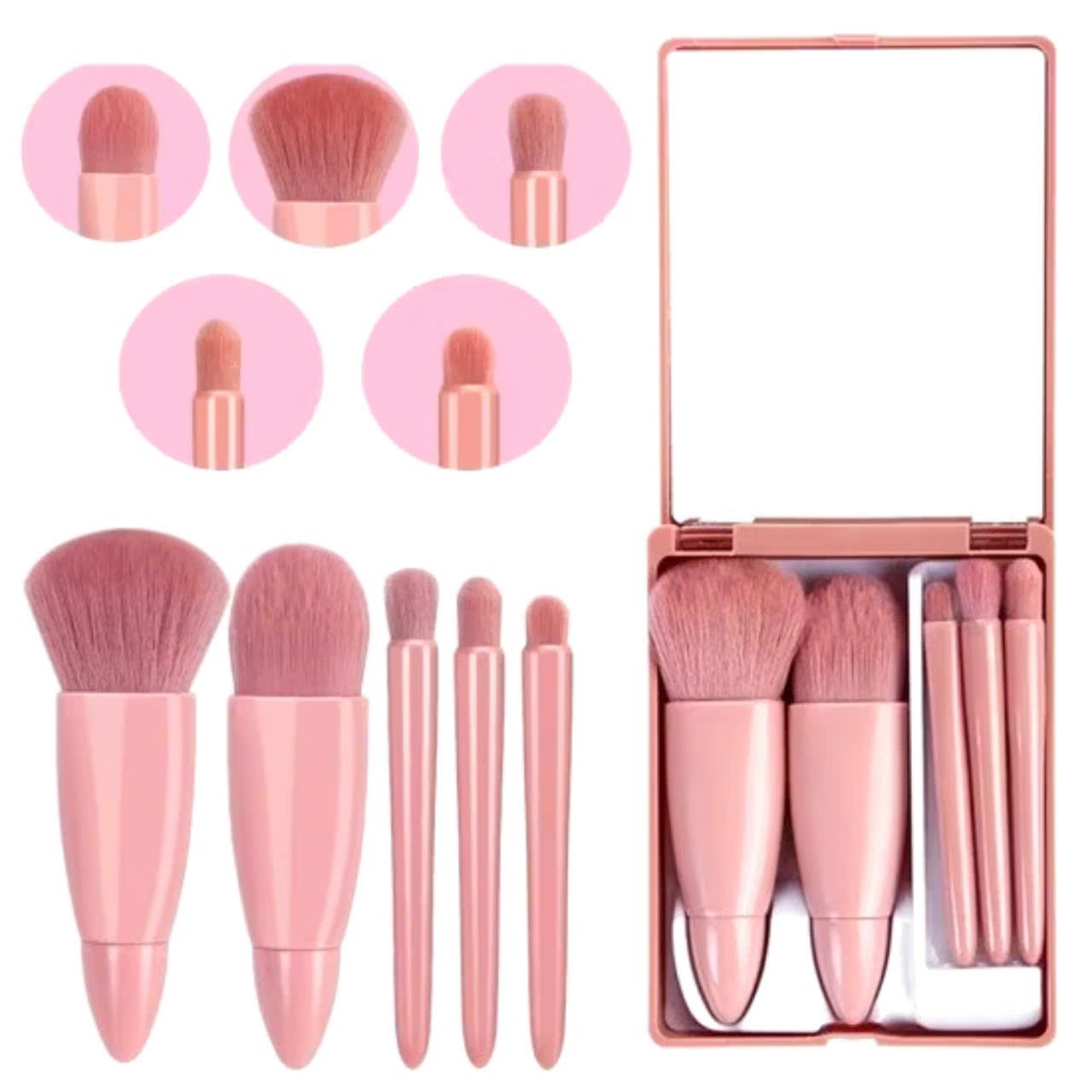 HỘP CỌ TRANG ĐIỂM 5 MÓN,  Bộ cọ di động 5 cọ trang điểm , Bộ cọ du lịch có gương Mini đa chức năng: COTRANGDIEM82