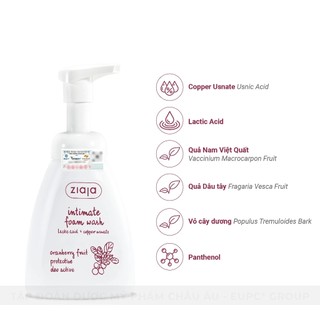 Bọt Vệ Sinh Thảo Dược Siêu Dịu Nhẹ Bảo vệ Ziaja Intimate Foam Wash Cranberry Fruit Protective 250ml