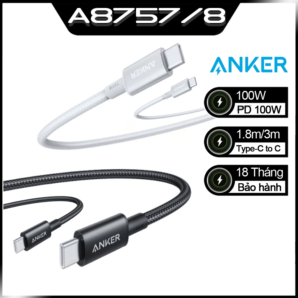 Cáp sạc Anker A8757 A8758 100W Anker USB-C to USB-C 1.8m 3m cực bền bỉ ...