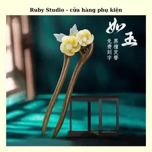 Trâm Cài Tóc Gỗ Đàn Hương Xanh Đính Hoa Đôi - Ảnh Thật.