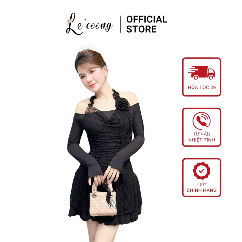 Ảnh Váy Đẹp Dáng Ngắn Phối Ren Xếp Tầng LECOONG V676 Đầm Tiểu Thư Trễ Vai Màu Be Đen 1