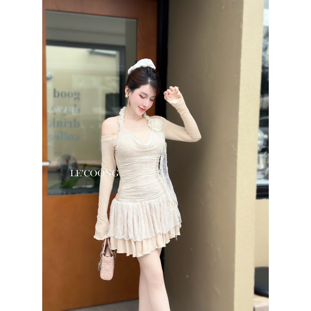 Ảnh Váy Đẹp Dáng Ngắn Phối Ren Xếp Tầng LECOONG V676 Đầm Tiểu Thư Trễ Vai Màu Be Đen 3