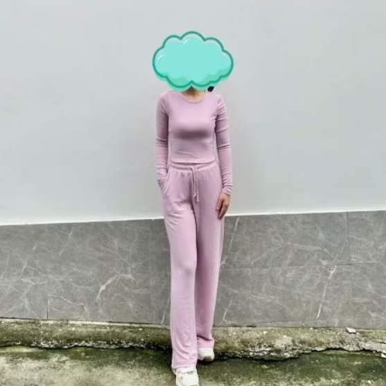 (Sale) Bộ thun tăm mặc nhà tay dài quần suông DoubleT*