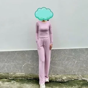 Bộ thun tăm mặc nhà tay dài quần suông DoubleT*