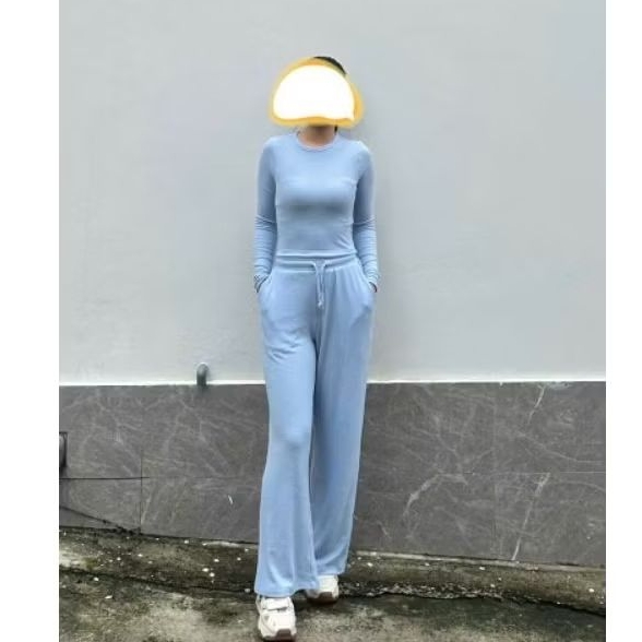(Sale) Bộ thun tăm mặc nhà tay dài quần suông DoubleT*