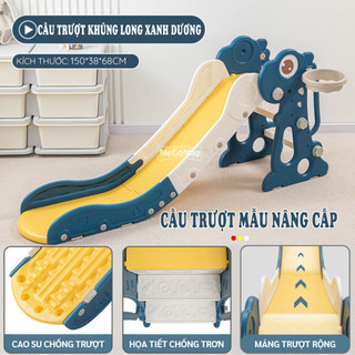 Cầu Trượt Cho Bé Hình Khủng Long Máng Dài Chất Liệu Nhựa An Toàn Có Đồ Chơi Ném Vòng Và Bóng Rổ Cho Bé KS02