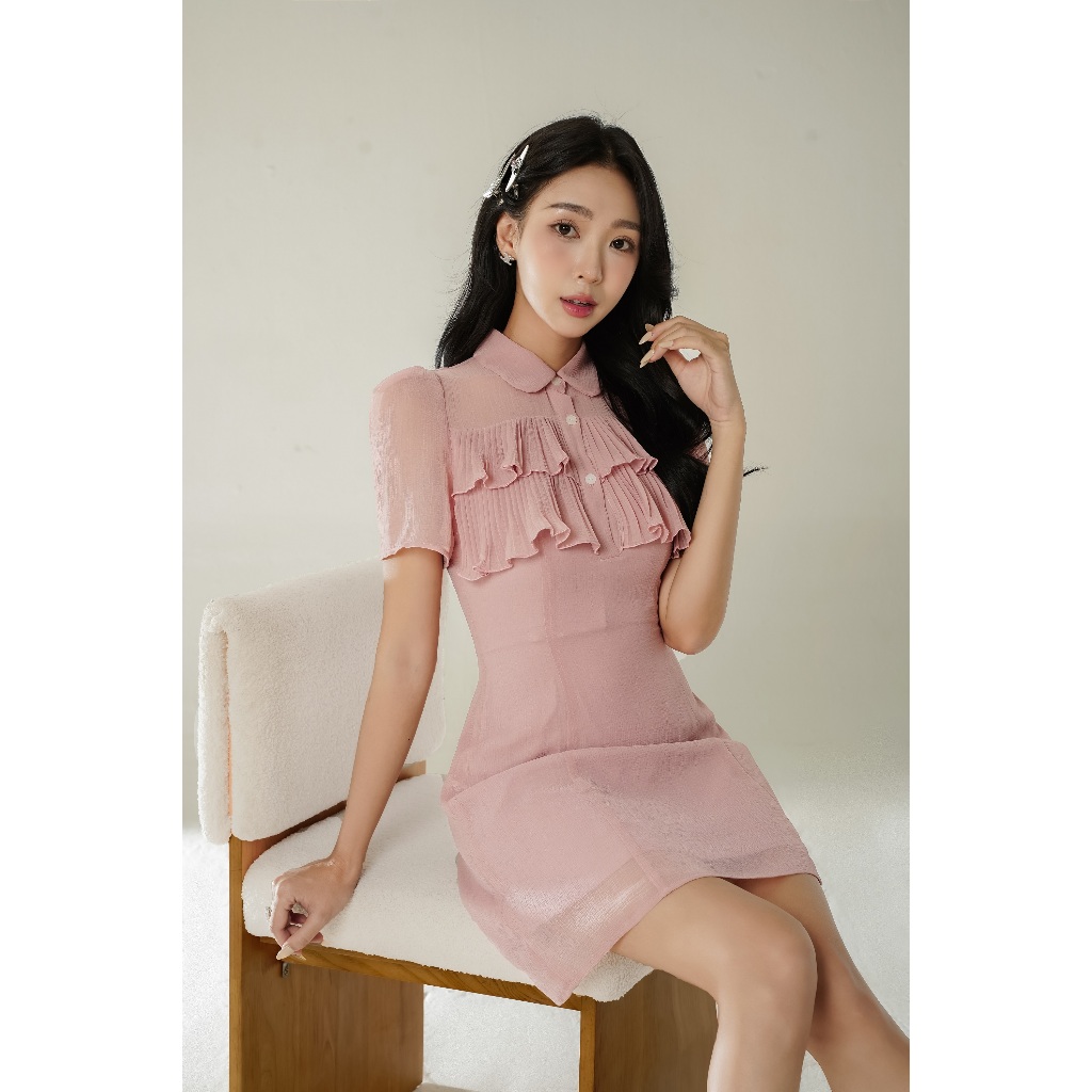Ảnh Đầm A tay ngắn cổ tròn, xếp ly ngực dáng tiểu thư thiết kế bởi JM Dress Design 1S34.2404OG 3