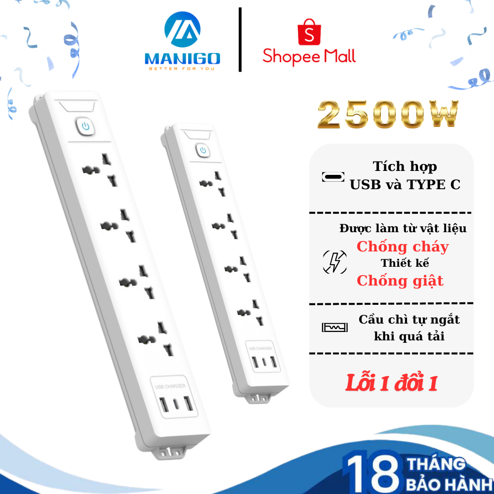 Ảnh Ổ Cắm Điện Đa Năng Manigo Công Suất 2500W Tích Hợp USB TypeC Ổ Vuông Dẹt 2,5m-3,5m BH 18 Tháng 1
