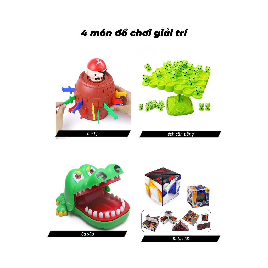 Combo 4 món đồ chơi hải tặc+ cá sấu + ếch cân bằng + rubik 3D đô chơi giải trí vui nhộn