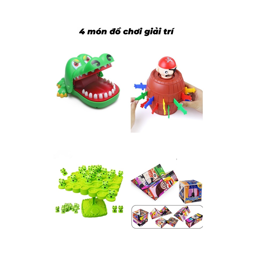 Combo 4 món đồ chơi hải tặc+ cá sấu + ếch cân bằng + rubik 3D đô chơi giải trí vui nhộn