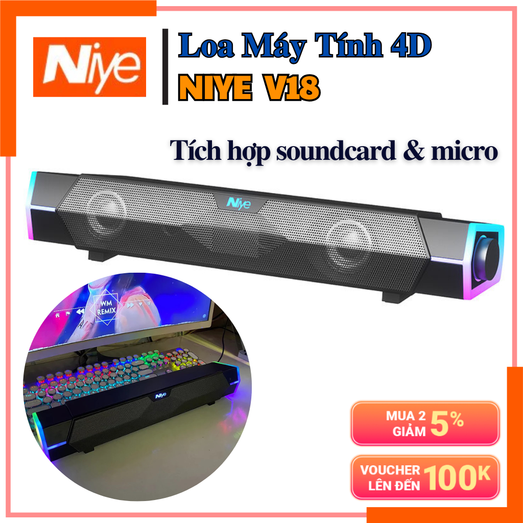 Loa Bluetooth 4D NIYE V18 - Loa Máy Tính Dành Cho Game Thủ, Tích Hợp Soundcard Và Micro Đàm Thoại