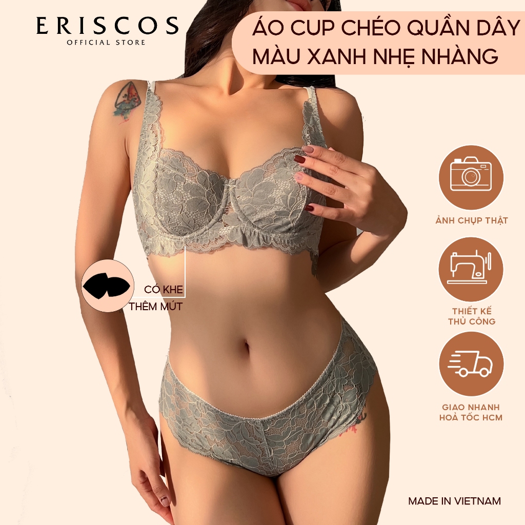SELINE - Bộ đồ lót ren nữ  KHÔNG MÚT Áo ngực có gọng không mút quần lót ren tam giác cao cấp Eriscos màu xanh