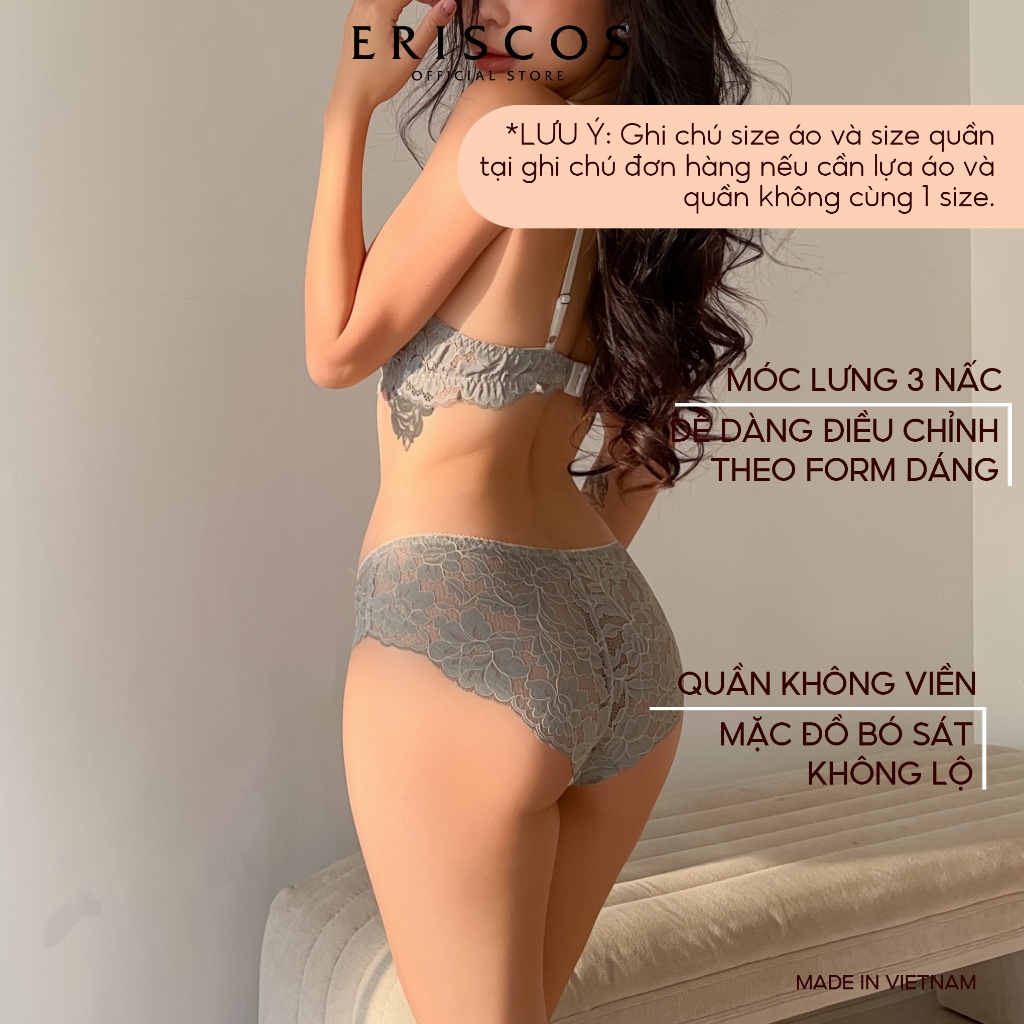 SELINE - Bộ đồ lót ren nữ  KHÔNG MÚT Áo ngực có gọng không mút quần lót ren tam giác cao cấp Eriscos màu xanh