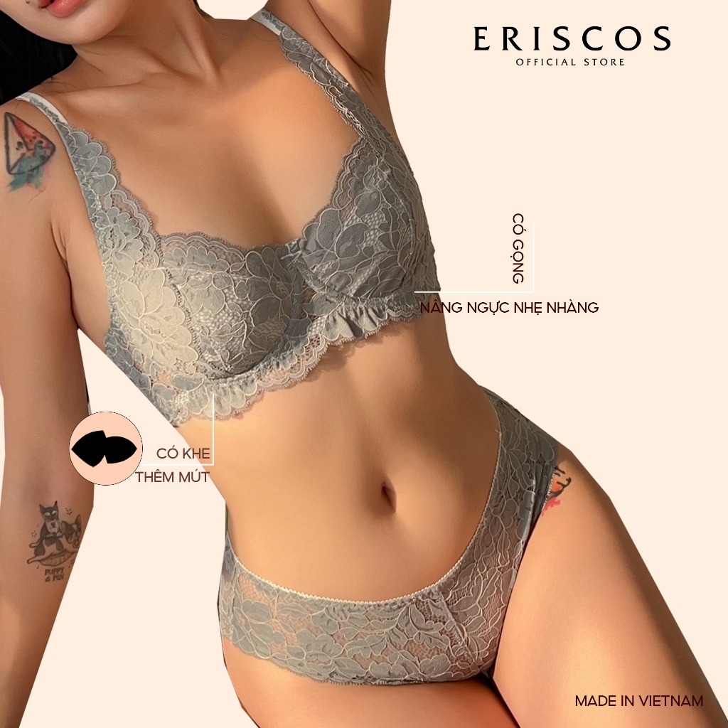 SELINE - Bộ đồ lót ren nữ  KHÔNG MÚT Áo ngực có gọng không mút quần lót ren tam giác cao cấp Eriscos màu xanh