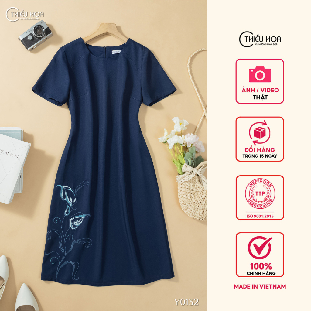 Đầm trung niên chất liệu Cotton Lạnh Hàn thoáng mát mềm mại, thương hiệu Thiều Hoa DD4Y0132