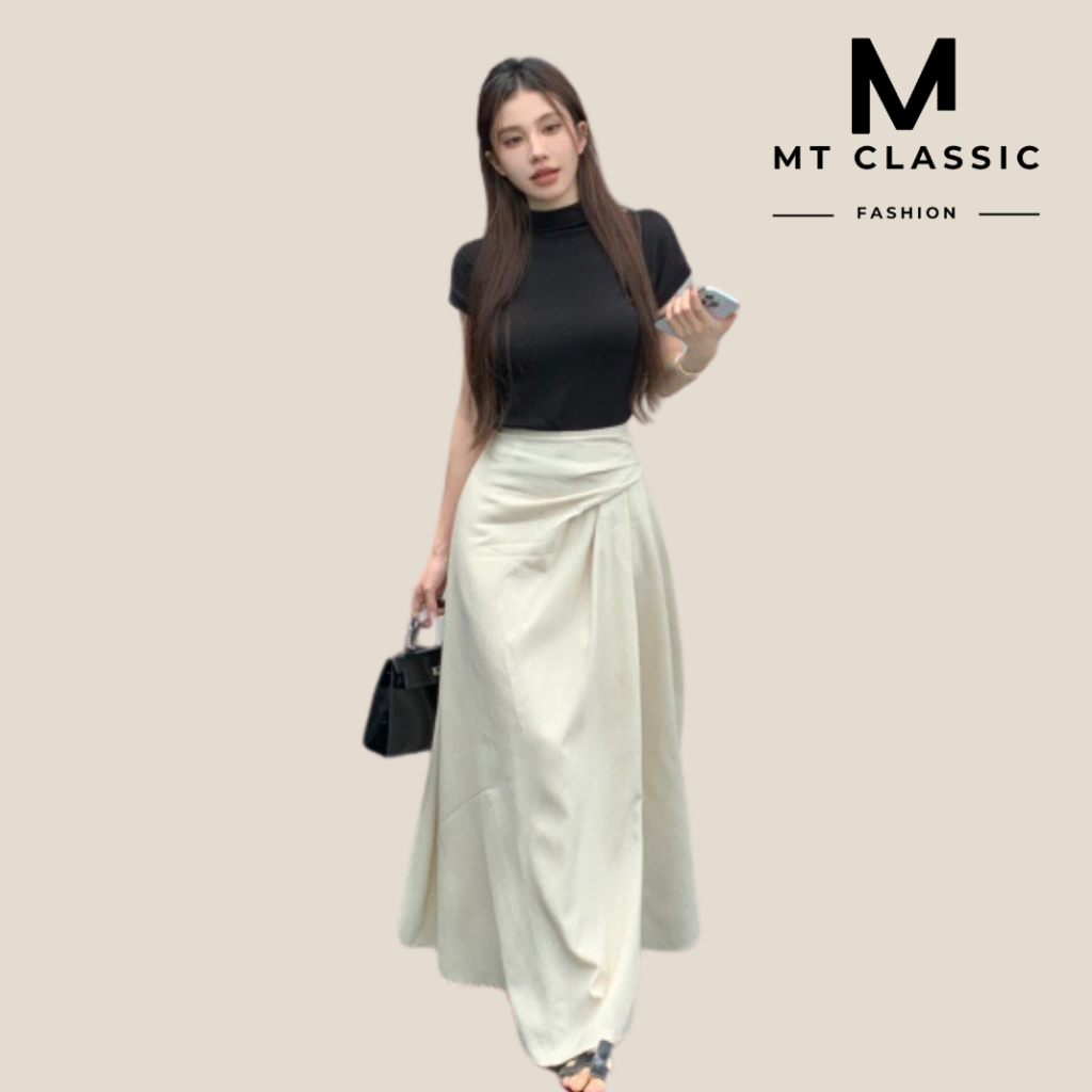 Set Áo cổ cao tay ngắn + chân váy xếp ly dáng dài thu đông thanh lịch, sang trọng - MT CLASSIC