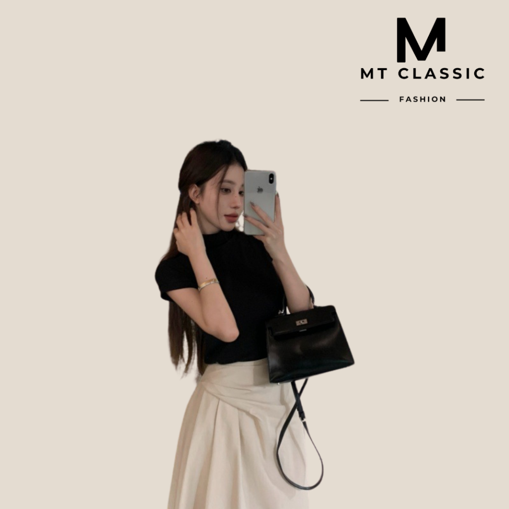 Set Áo cổ cao tay ngắn + chân váy xếp ly dáng dài thu đông thanh lịch, sang trọng - MT CLASSIC