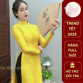 Áo dài gấm truyền thống màu vàng, xanh tai dài 2 tà tôn dáng, áo dài saam 2026