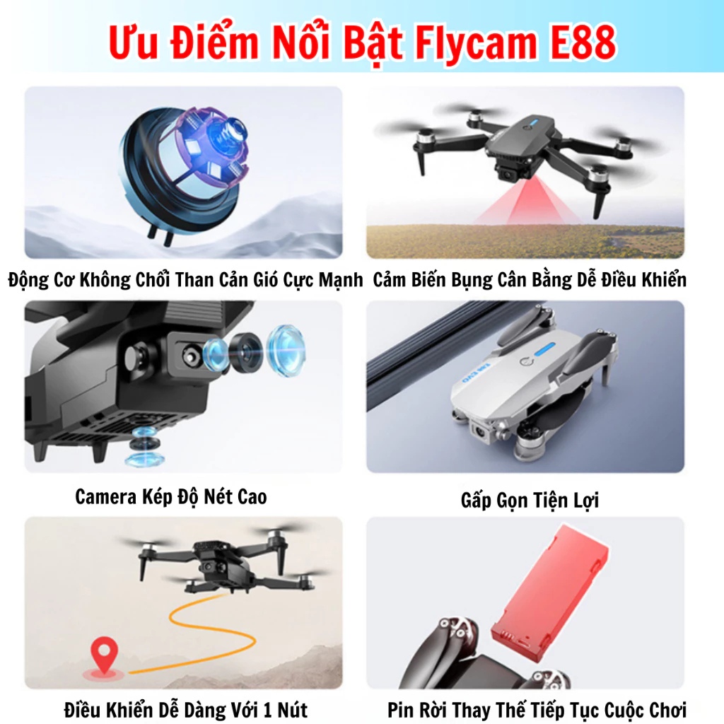 Flycam mini giá rẻ E88 E99 E100 Pro Max, Máy bay điều khiển Bản nâng cấp mới nhất, Flycam siêu sáng