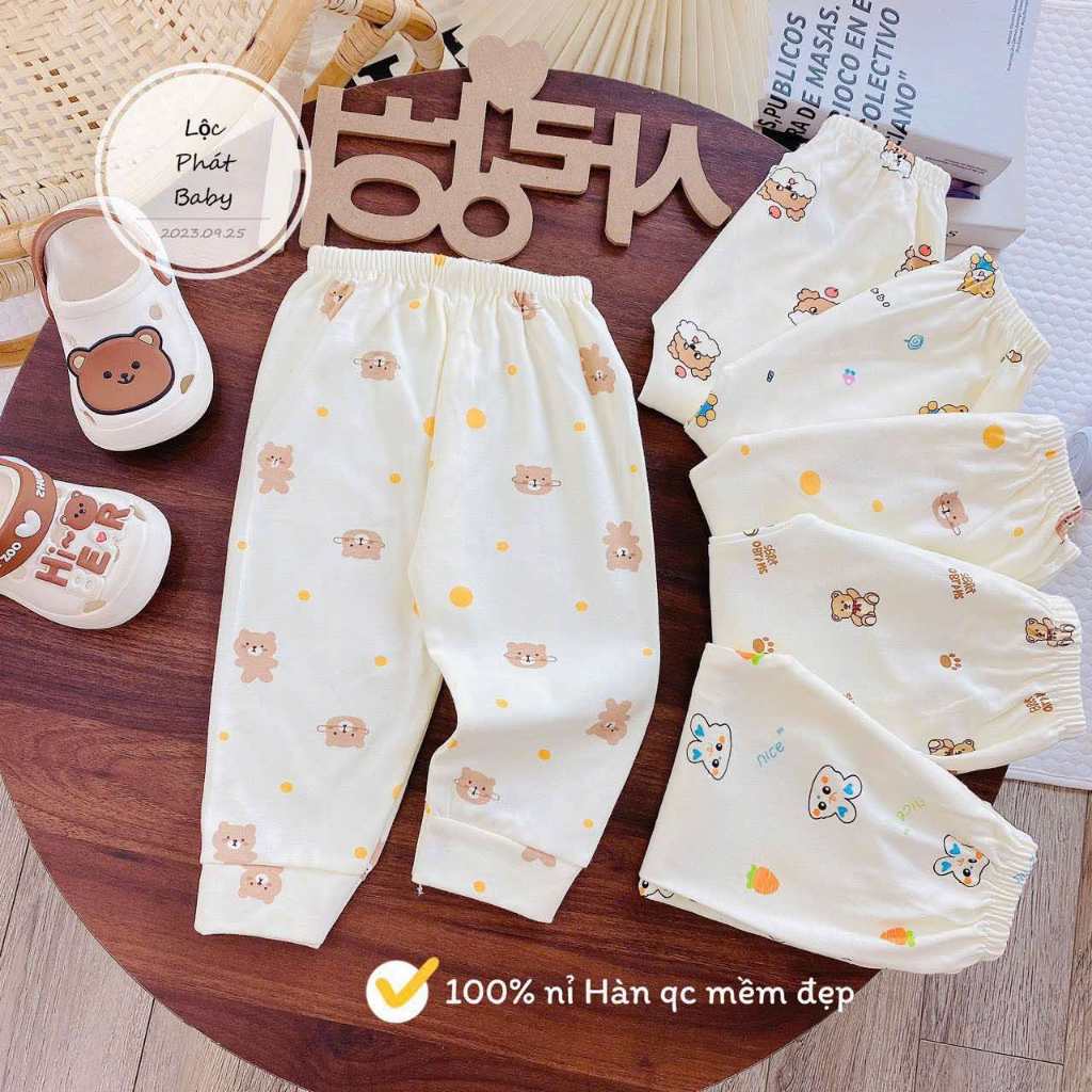 Set 5 Quần Dài Nỉ Hàn Quảng Châu Sơ Sinh Cho Bé Mặc Thu Đông 3-13kg Vải Nỉ Mềm Mịn Dễ Chịu