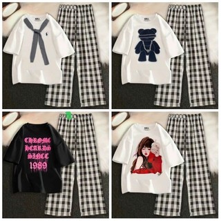 Tổng hợp các   Sét bộ quần caro  suông đen + mix áo thun  thái form rộng chất cotton mềm mát co dãn - xưởng may giá rẻ