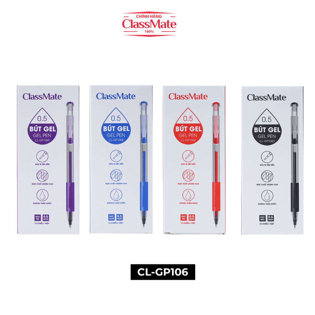 Hộp 12 Bút Gel Mực Xanh Tím Đen Đỏ Ngòi 0.5mm CLASSMATE, Bút Bi Gel Bấm ...