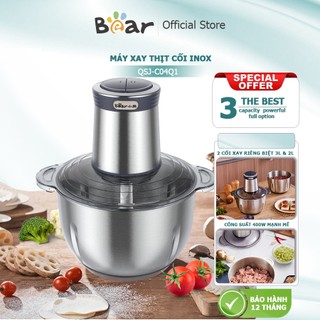 Máy xay thịt Bear QSJ-C04Q1 công suất 400W mạnh mẽ, 2 cối INOX riêng biệt, 2 bộ dao, xay rau củ quả, xay thịt cá