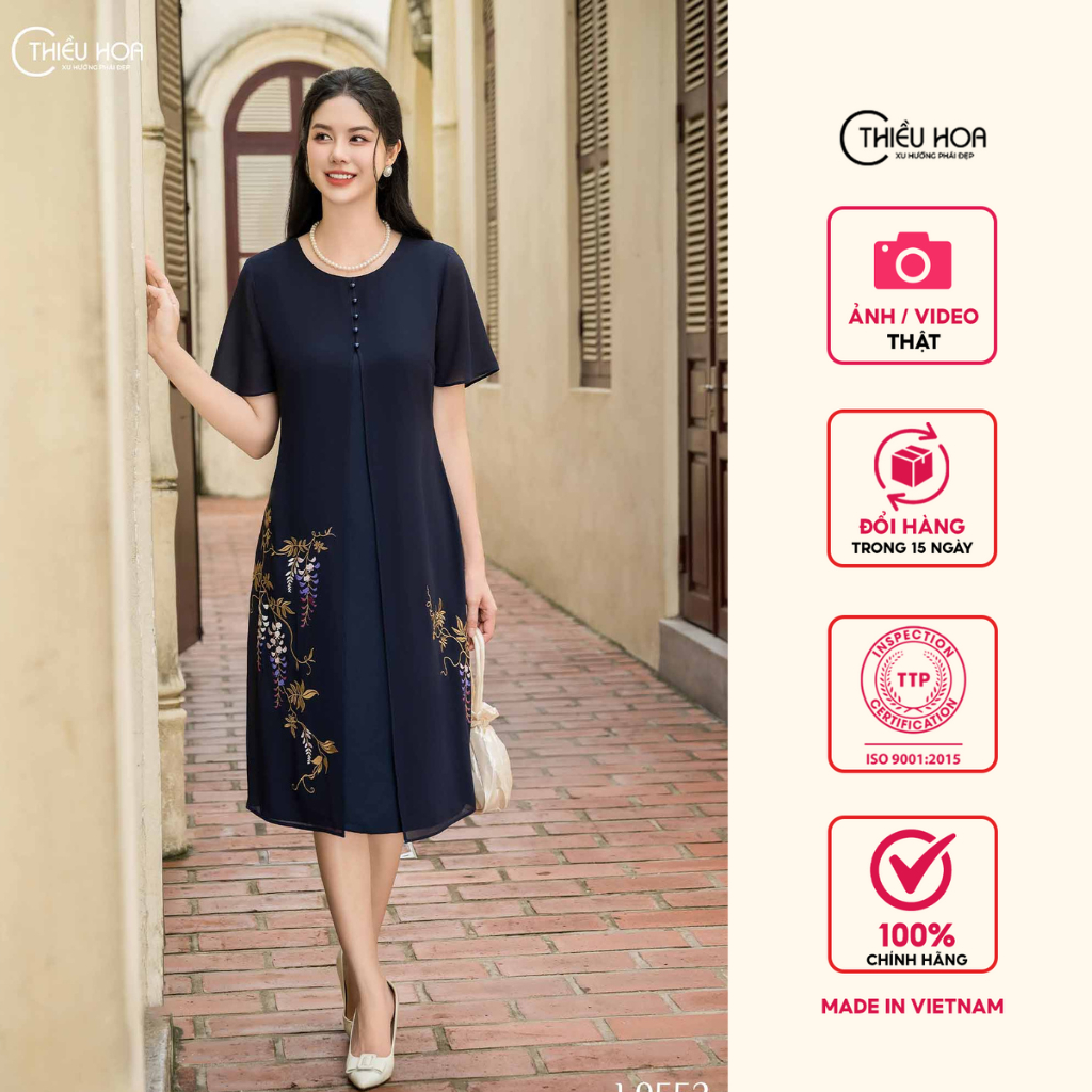 Đầm trung niên thiết kế sang trọng chất liệu Chiffon phối Lụa thương hiệu Thiều Hoa DD4L0552