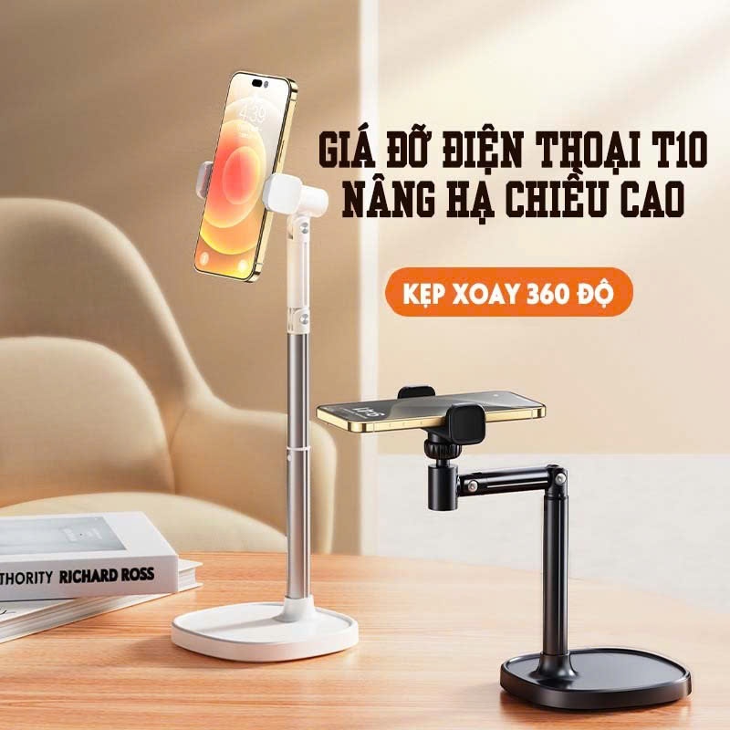 Giá đỡ điện thoại để bàn T10 – Giá đỡ để bàn hỗ trợ quay 360° tùy chỉnh cao độ, góc quay – Hợp kim nhôm chắc chắn