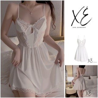 Váy ngủ (V29) - Váy tiểu thư lụa trắng cao cấp phối ren lưng kiểu có đệm tai thỏ