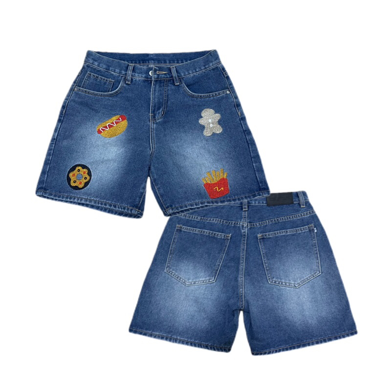 QUẦN SHORT JEANS THÊU “BIG STICKERS ” - Unisex Nam Nữ, Form Tren Gối (Có Túi, Menswear) | TMTD24