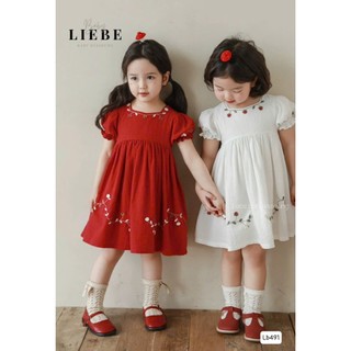 [B&G] Đầm bé gái cotton basic cổ vuông 2 màu đỏ trắng cho bé từ 12-45kg (2-11 tuổi)