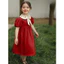 Đầm đỏ cổ thêu hoa tay bồng thắt nơ lưng cho bé gái 2-11 tuổi (12-40kg)
